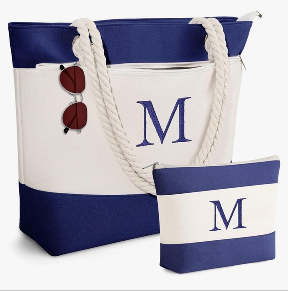 Beach Canvas Bags for Women Initial Tote Waterproof Bag & Cosmetic Bag "M" - Picture 1 of 6